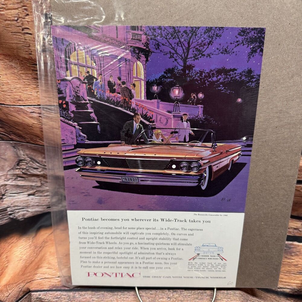 1960 Pontiac Bonneville Convertible Wide-Track Vintage Print Ad Original